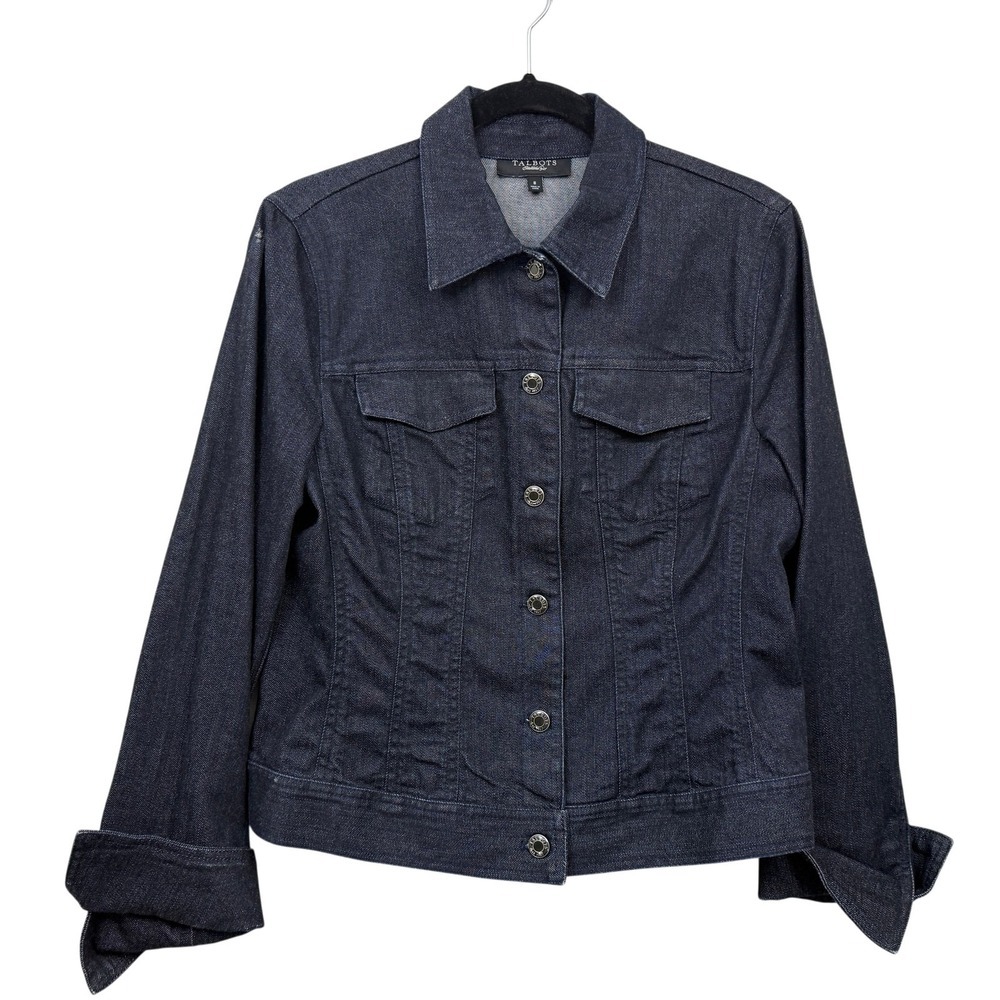 Talbots Women's Dark Wash Denim Jean Jacket Size 8 Button Front Stretch Classic